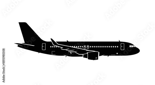 A commercial airplane is seen in a simple black silhouette illustration against a white background 
