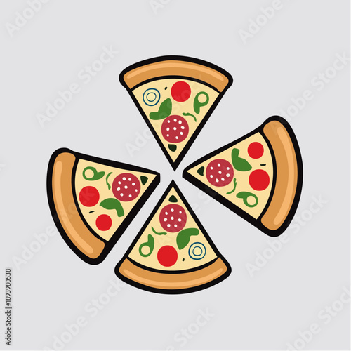 Four slices of pizza arranged in a circular pattern with various toppings on a light background