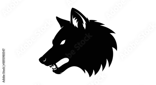 A fierce black silhouette illustration of a wolf's head profile on white background 