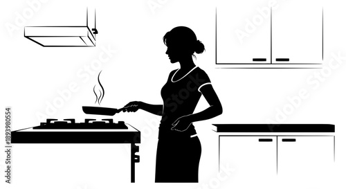 Woman cooking in a modern kitchen with a frying pan on the stove