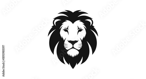 A black and white illustration of a lion's head with a majestic mane