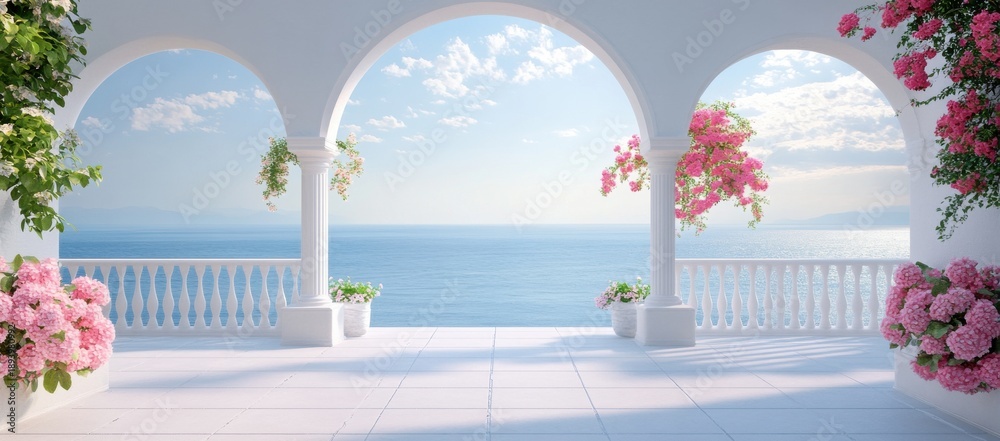 Fototapeta premium White balcony overlooking the ocean with pink flowers