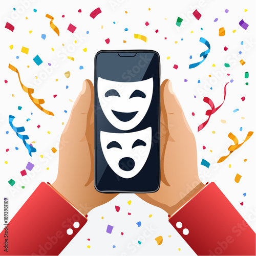 Hands holding a smartphone displaying comedy and tragedy masks surrounded by celebration confetti