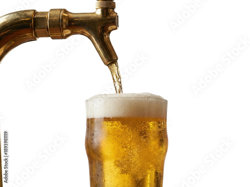 A refreshing golden beer being poured into a glass with frothy foam on top.