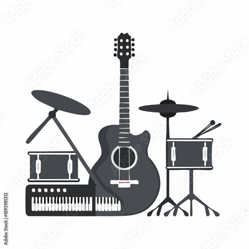 Musical instruments setup with guitar, keyboard, and drums on a clean background, viewed from the front