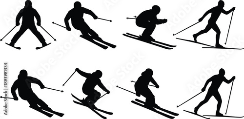 Cross country skiing silhouette set showing winter sport action poses, nordic skier movement, black isolated figures for outdoor illustration and sports design