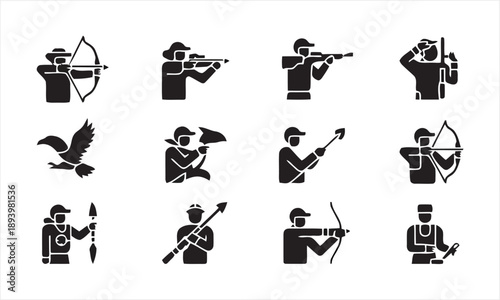 Hunting and archery icons. People with bow and arrow, rifle, shotgun, and spear. Eagle and bird silhouettes. Fishing rod and equipment. Outdoor sport and action symbols. Silhouette collection.