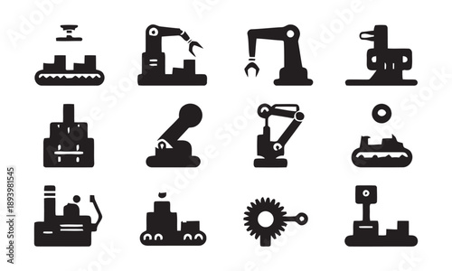 Industrial factory icons showing robotic arms assembly lines conveyor belts and manufacturing machinery for industry automation and production concepts vector set