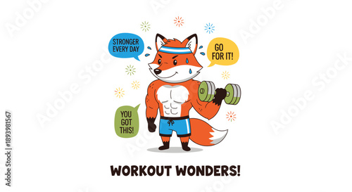 Animated fox character lifting dumbbell with motivational speech bubbles and sporty vibe