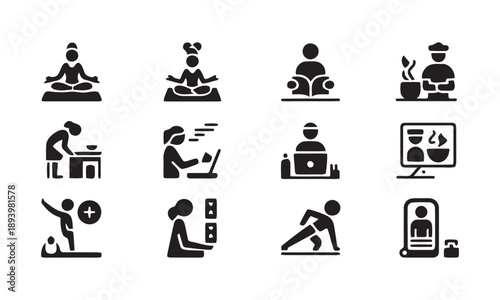 Lifestyle and wellness icons depicting yoga, meditation, cooking, working, and exercising for healthy living and self-care.