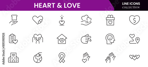 Heart, love, care, help, charity, and donation outline icons are set isolated on a white background in a flat vector illustration.