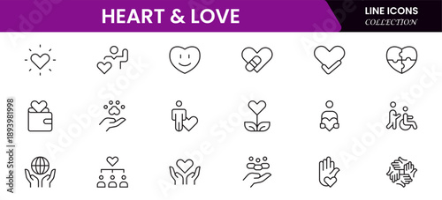 Heart, love, care, help, charity, and donation outline icons are set isolated on a white background in a flat vector illustration.