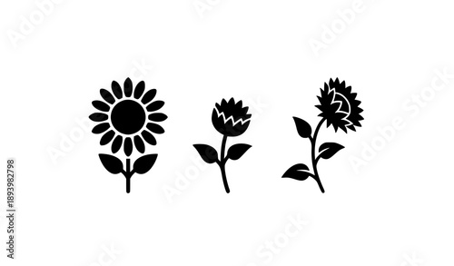 Sunflower silhouette icon set with bloom and bud variations flat vector collection isolated on white