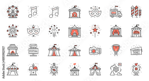 A set of carnival icons featuring various festival and fair elements in a minimalist line art style with red accents.