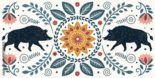 Vibrant boar design with floral pattern and sunburst motif