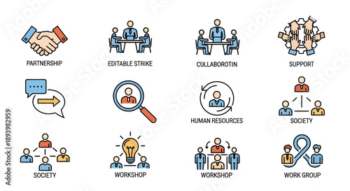 A set of colorful line icons depicting various business concepts and teamwork.