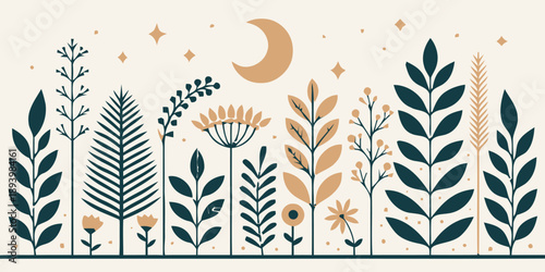 Whimsical moonlit garden with lush plants and flowers blooming