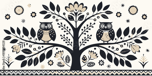 Whimsical owls perched on tree branches in a stylized forest scene