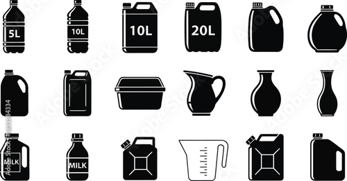 Liquid Containers and Packaging Silhouette Icons Set, Black Bottle Collection
