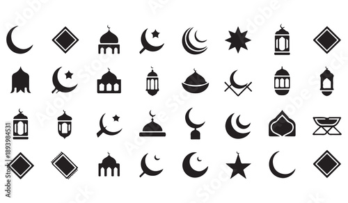 Minimalist islamic icons for ramadan and eid featuring crescent shapes star symbols and mosque silhouettes