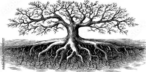 Vintage botanical study of crop root system from 19th century for educational design