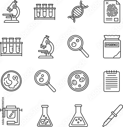Black line vector icons of forensic science laboratory equipment DNA analysis and fingerprinting research tools।