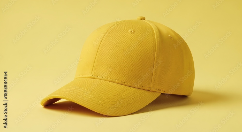 Fototapeta premium Yellow baseball cap on a yellow background with soft shadow.