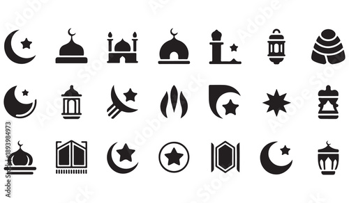 Islamic ramadan and eid symbol collection with crescent moons, mosques, lanterns, and stars