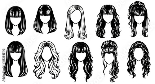Collection of diverse hairstyles drawn in black and white sketch style.