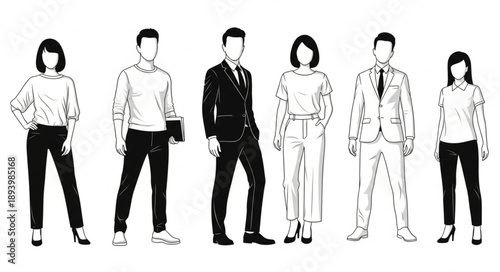 Diverse Group of Business Professionals Standing Together in Modern Attire.