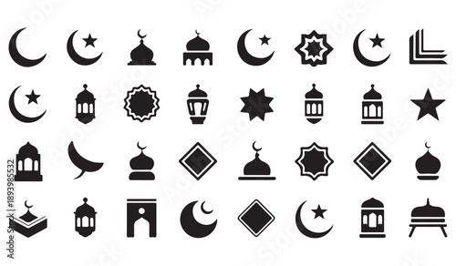 Religious symbols collection for ramadan festival including crescent moon star and islamic architecture art