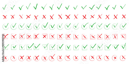 Hand drawn check and cross icons set in circle and square outline checklist marks vector illustration. Check tick mark icon set. Cross box x check mark checkbox v list vector draw hand drawn sketch 