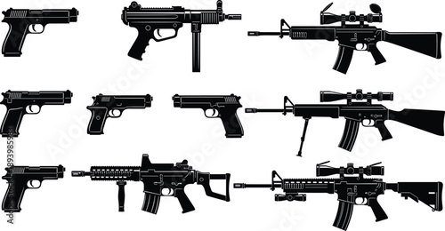 Comprehensive collection of black and white silhouettes featuring various modern firearms including handguns, assault rifles, submachine guns, and sniper rifles for tactical military design projects