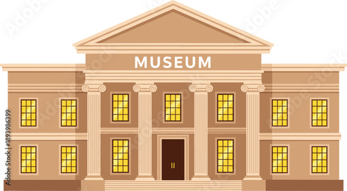 Classic museum building vector illustration with grand entrance columns pediment and many windows for cultural history education and architectural city landmark concept.
