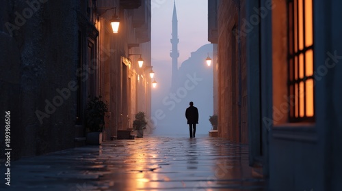 Wallpaper Mural Lone man walking quiet street toward mosque lights at dawn with foggy air and soft golden glow of morning prayer, Lailat al-Miraj Torontodigital.ca