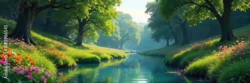 A serene environment scene of a lush green forest with a peaceful river flowing through, surrounded by tall trees and colorful flowers , flora, wildflowers