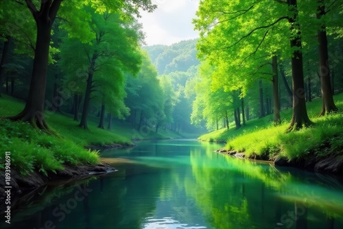 A tranquil nature concept showing a lush green forest with a calm river flowing through the trees, trees, water