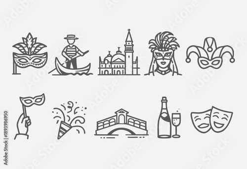 Minimalist icon set inspired by the Venice Carnival, featuring masks, gondola, historic architecture, celebration and Italian culture. Stroke line style, ideal for events and editorial design.