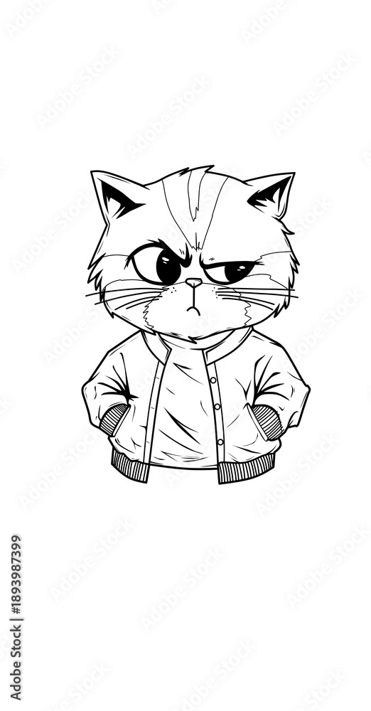 Fototapeta premium A bold black and white illustration of an angry-looking cat wearing a jacket, showing attitude and confidence. Perfect for cat lovers who enjoy edgy, streetwear-style designs with a touch of humor. 