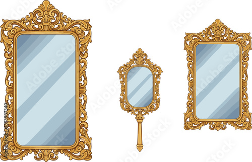 Elegant vintage golden mirror vector set with ornate baroque frames, luxury classic hand mirrors and wall decor icons for royal interior design and antique decoration.