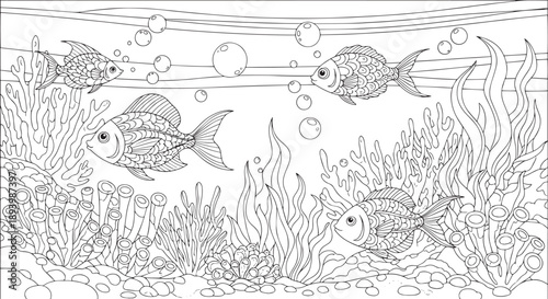 Detailed Underwater Sea Life Coloring Page with Tropical Fish and Coral Reef