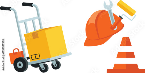 Industrial vector set featuring a hand truck with a cardboard box alongside an orange safety helmet with a wrench paint roller and traffic cone for logistics and renovation concepts.