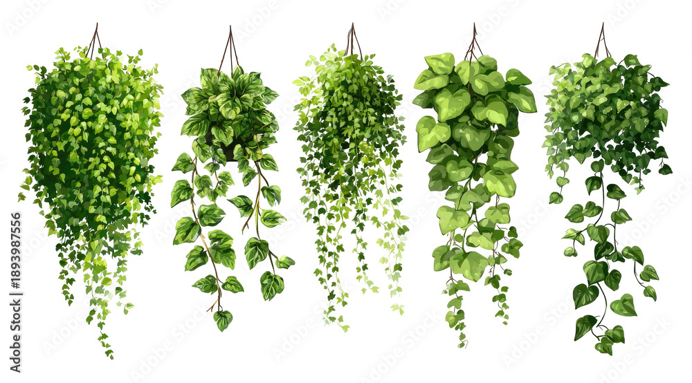 Fototapeta premium Five hanging plants, various shades of green, cascading foliage