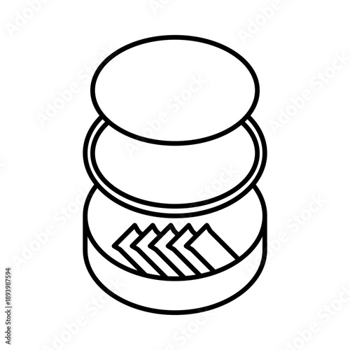 Open snus can with portions. Minimalist line art of nicotine pouch container with empty waste compartment.