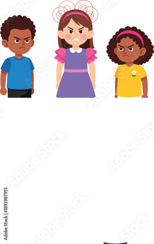 Set of three diverse children characters expressing anger and frustration including a boy and girls with grumpy facial expressions for childhood emotion and behavior concepts.