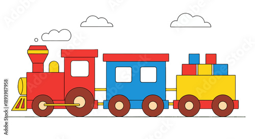 A simple, colorful toy train with three cars moves across a.