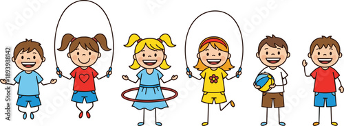 Cute cartoon illustration of happy kids playing outdoor games, jumping rope and hoop, childhood fun activities, playful children characters promoting active lifestyle isolated on white