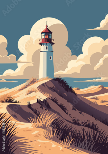 A picturesque vector illustration capturing a serene lighthouse scene on coastal sand dunes, featuring windswept grass and a dramatic sky, perfect for design and print projects