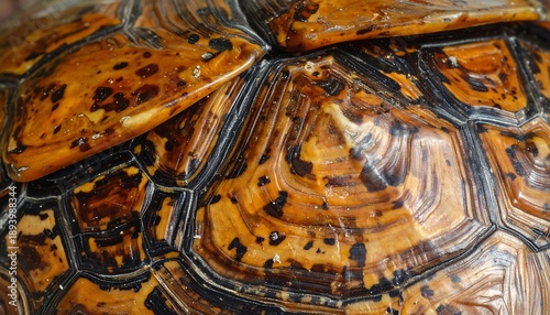 Macro shot of a turtle's shell, showcasing the intricate patterns and textures. The carapace reveals a mosaic of colors