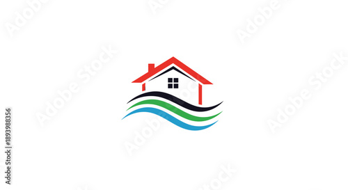 Real estate house logo design featuring a red roof and colorful water waves at the base for residential services.